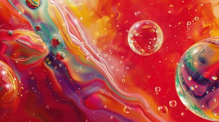   A cluster of foam spheres bobbing over a crimson-yellow liquid, containing green and scarlet bubbles and water droplets