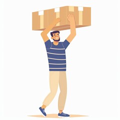 A man carrying cardboard boxes in a flat design with simple lines and bright colors against a white background in a illustration style.
