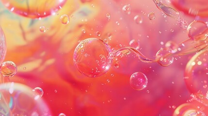   A collection of air bubbles floating atop a gradient of pink and yellow with a central red and yellow blossom