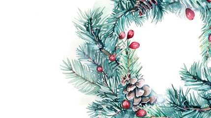 A beautiful watercolor painting of a wreath with pine cones and berries. Perfect for holiday designs and greeting cards