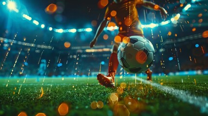 Close-up of a soccer ball with digital analytics overlay on a vivid football pitch