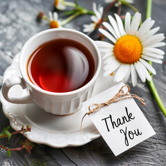 A cup of tea with a thank you tag on a rustic wooden table, surrounded by daisies. Concept of traditional hospitality, appreciation, and inviting atmosphere.