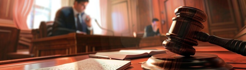 A lawyer consulting notes in a courtroom, a gavel in the foreground symbolizing the impending delivery of justice