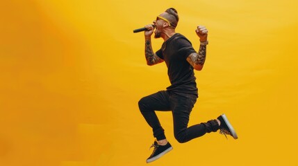 Naklejka premium A man jumping in the air while holding a microphone. Suitable for music events or concerts