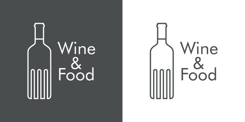 Logo restaurante. Silueta de botella de vino con forma de tenedor con líneas con texto Wine and Food
