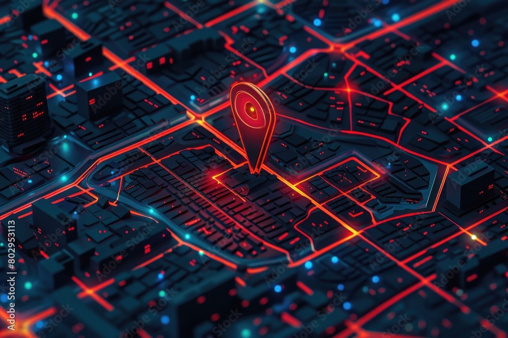 Poster a city map with a red pin, perfect for navigation apps and travel blogs