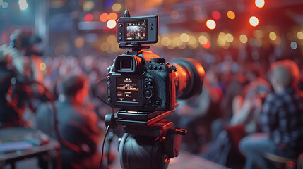 Professional camera filming a live event. Media production and event coverage concept. Design for...