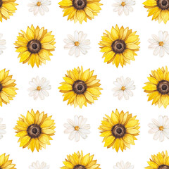 Watercolor seamless pattern with sunflower flowers and daisies. Bright yellow and fir flowers. Batanical print for the design and decoration of packaging, wrapping paper, textiles.