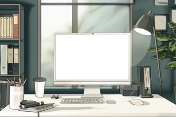 Modern designer desktop with a blank computer screen, stationery and other items. Mockup