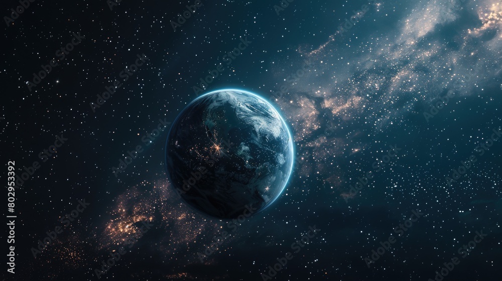 Poster earth seen from space with stars in the background. suitable for educational projects