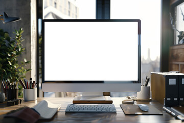 Modern designer desktop with a blank computer screen, stationery and other items. Mockup