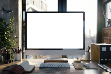 Modern designer desktop with a blank computer screen, stationery and other items. Mockup