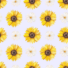 Watercolor seamless pattern with sunflower flowers and daisies. Bright yellow and fir flowers. Batanical print for the design and decoration of packaging, wrapping paper, textiles.