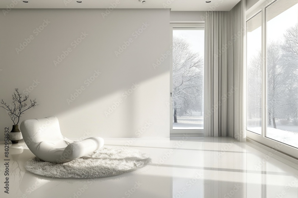 Poster simple white chair placed in a room next to a window. suitable for interior design concepts