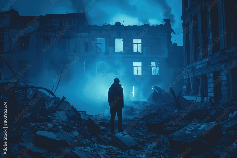Poster a person standing in front of a destroyed building. suitable for illustrating urban decay