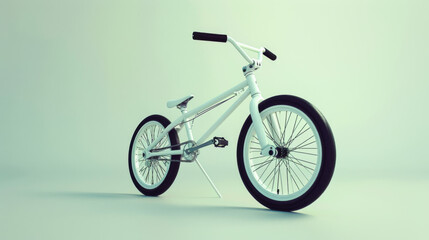 A minimalist image of a sleek white BMX bike, perfectly positioned against a pale green background, emphasizing simplicity and design.