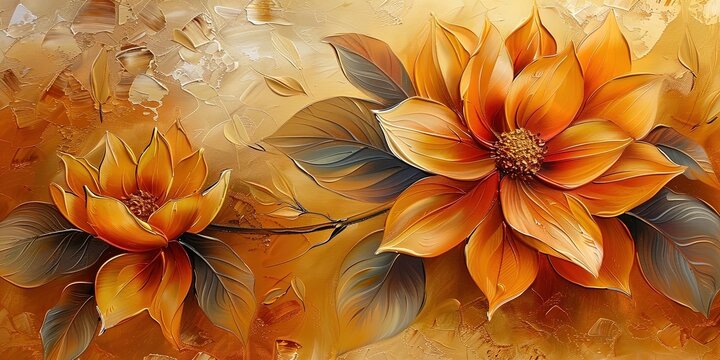 Oil painting. Big orange flower on yellow background