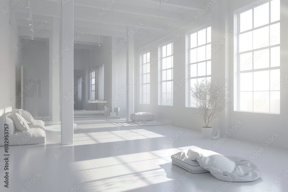 Poster a simple white room with a comfortable couch and colorful pillows. suitable for home decor or interi