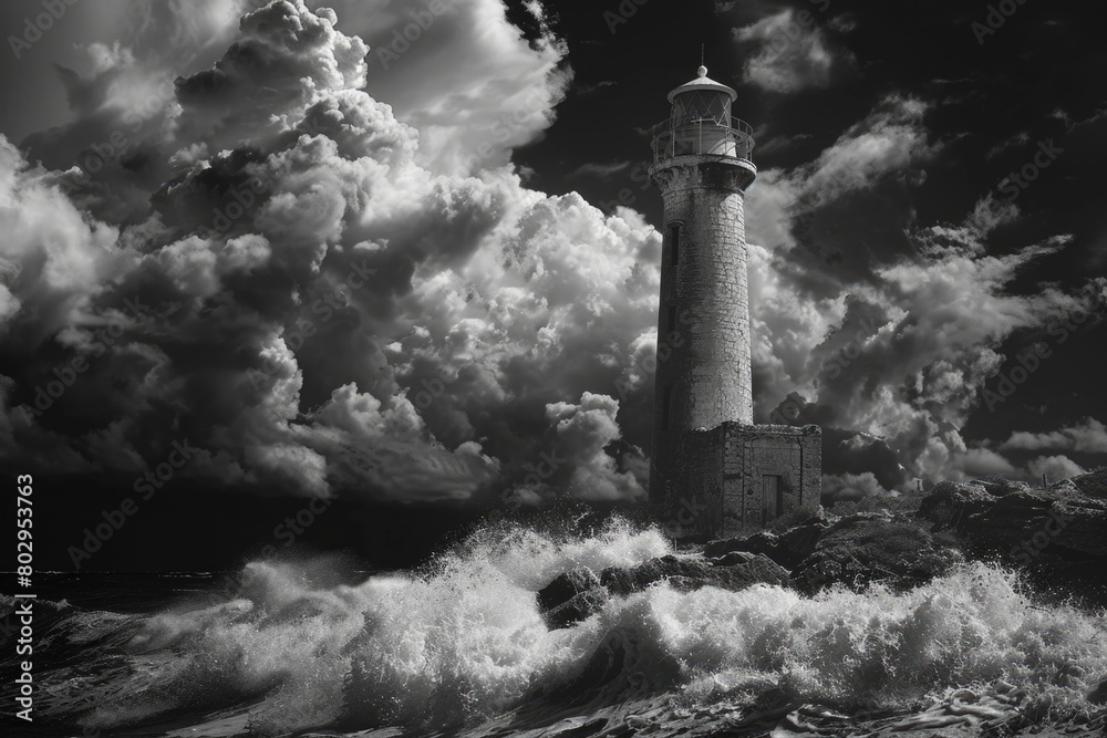 Poster a striking black and white photo of a lighthouse standing tall in the ocean. perfect for various des