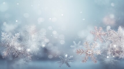 Abstract beautiful Christmas background with shiny snowflakes and bokeh. Fantasy winter backdrop with copy space.