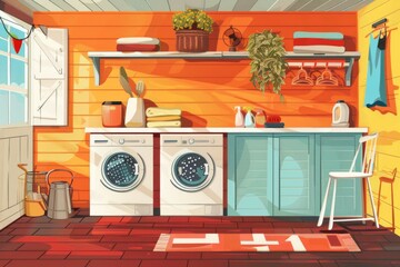 Cartoon illustration of a laundry room with modern appliances. Perfect for household and cleaning related designs