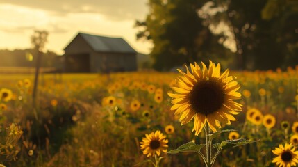 A field of sunflowers in front of a barn at sunset