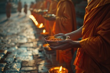 Group of monks holding bowls of food, suitable for religious or charity concepts
