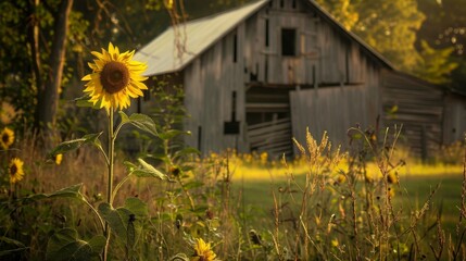 Obraz premium A sunflower field with a barn in the background