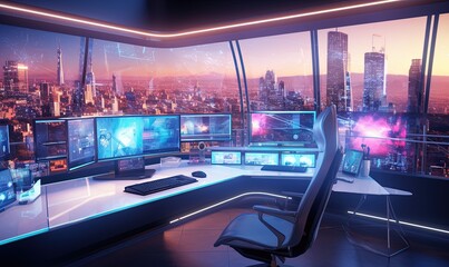 Sleek, futuristic workspace with the latest artificial intelligence technology, holographic displays and virtual reality equipment, state-of-the-art ambience