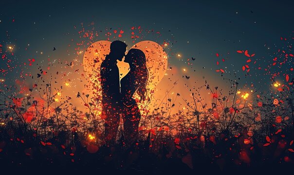 True love, silhouette of a couple among petals, magic lights and hearts, the concept of true love