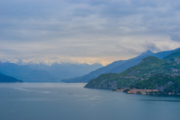 Landscape of Lake Como with views of the lake surface and majestic mountains