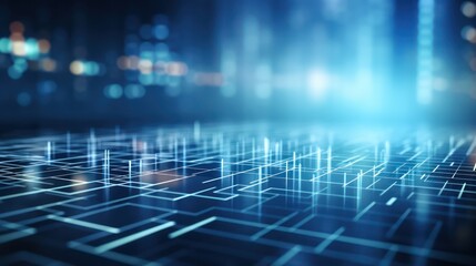 High-tech digital grid with cityscape reflection.