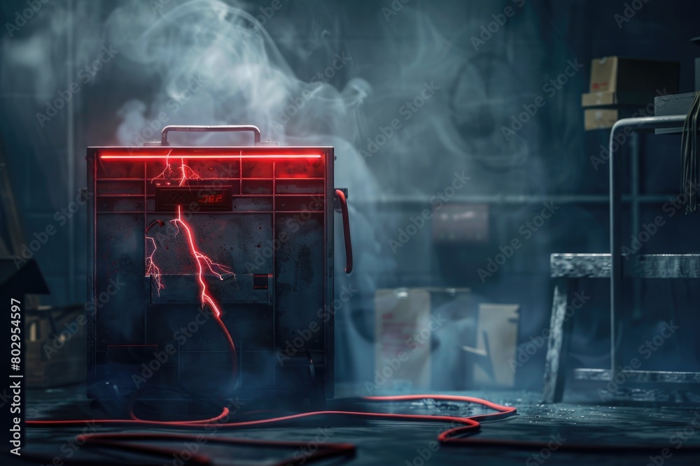 Poster An image of a red and black electrical device in a dark room. Suitable for technology and security concepts
