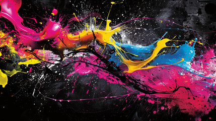 Vibrant paint splashes in high contrast with a dark backdrop for artistic and creative designs