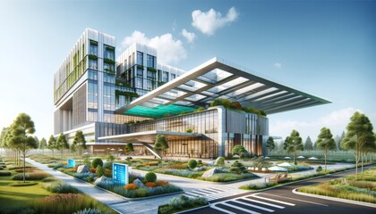 Stylish corporate headquarters with modern architecture and extensive landscaping.

