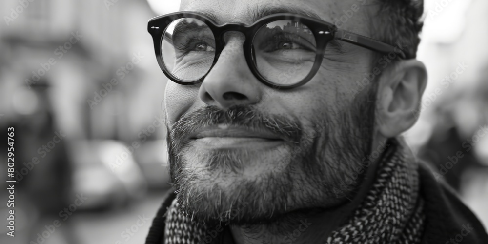 Poster a monochrome image of a man wearing glasses, suitable for various projects
