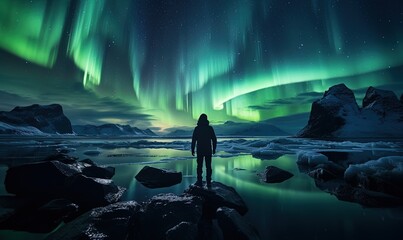 Silhouette of a hiker admiring the view Sky with stars and green aurora borealis. Northern Lights