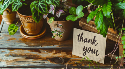 Thank you note placed in a vibrant indoor garden among assorted potted plants. Concept of eco-friendly gratitude, green living, and appreciation in natural settings.