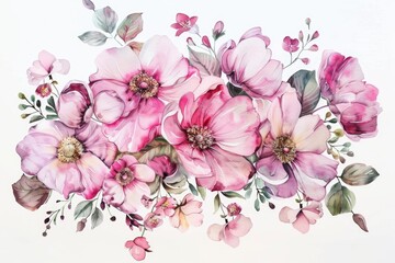 A painting of pink flowers on a white background. Suitable for various design projects