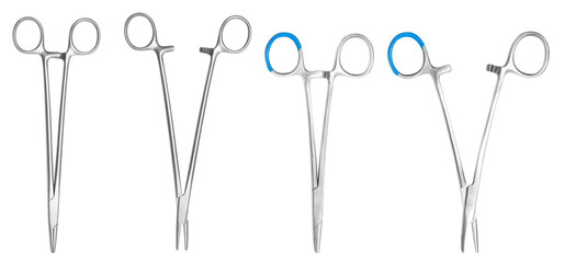 Set.Surgical clamps on a transparent background.