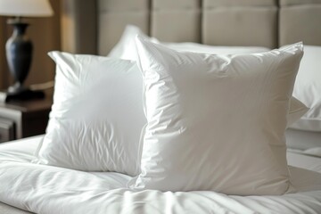 Two white pillows on a neatly made hotel bed. Ideal for hospitality industry promotions