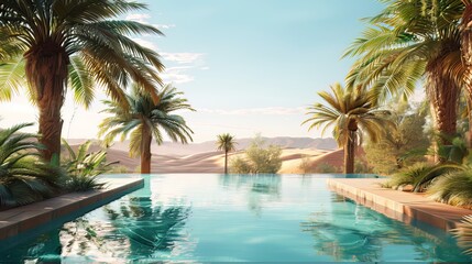 Fototapeta premium Desert Oasis: Amidst the arid desert landscape, a lush oasis provides a striking contrast, with palm trees and a tranquil pool of waterv
