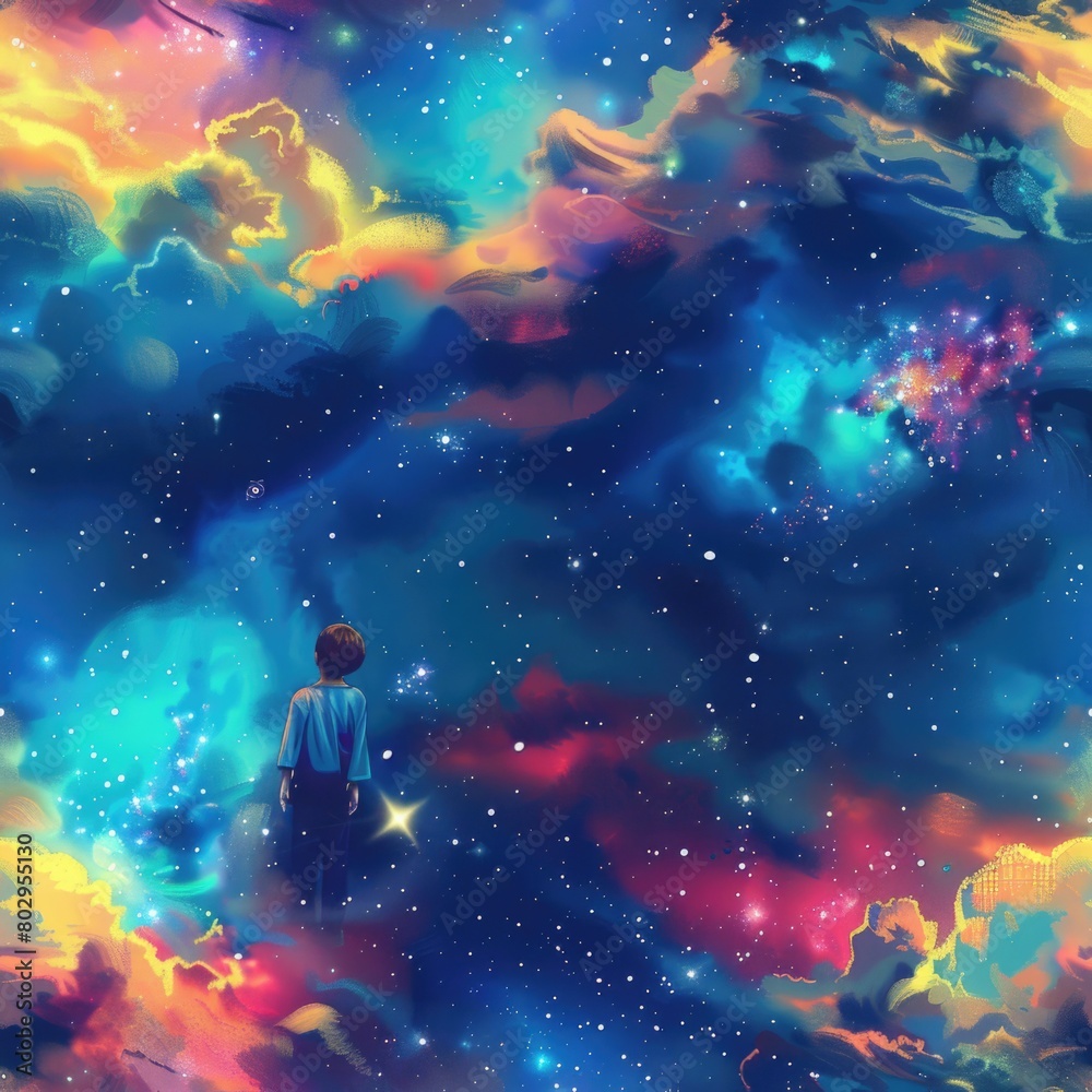 Poster a person standing in the middle of a galaxy. suitable for science fiction projects