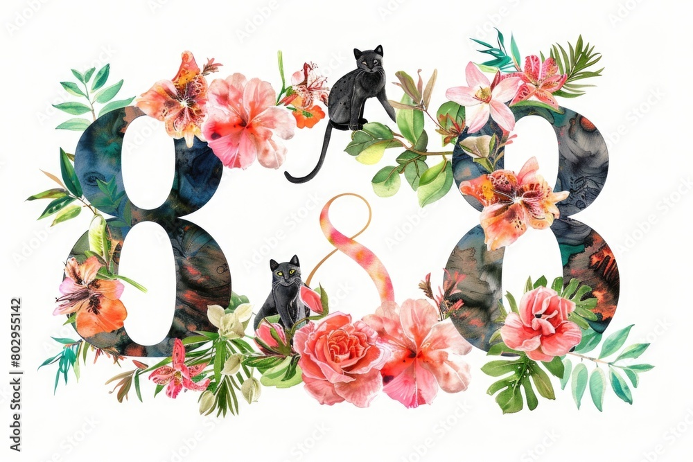 Poster watercolor painting of the number eight surrounded by flowers and cats. suitable for various design 