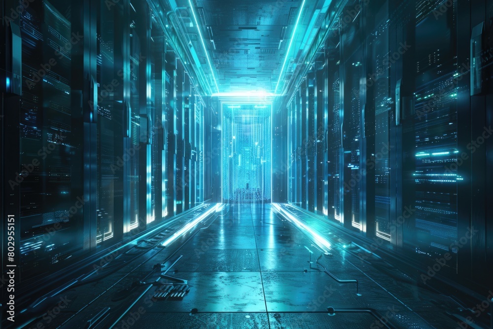 Poster a long hallway filled with rows of servers, ideal for technology concepts