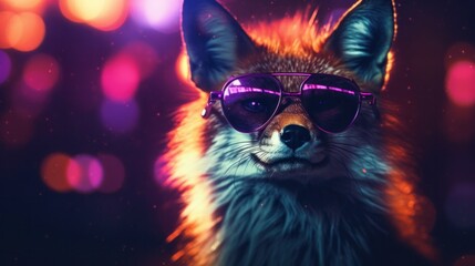 Naklejka premium Fox with colorful neon retrowave background.