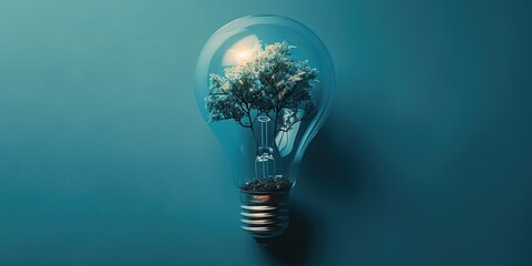 On a blue background, a bulb light with a tree inside