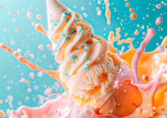 visualizing ice cream in an abstract and dynamic composition, glitter and glamour