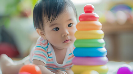 Fototapeta na wymiar Baby boy playing with colourful stacking toy