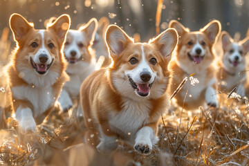 A group of playful corgi puppies frolicking in a field of tall grass. - Powered by Adobe